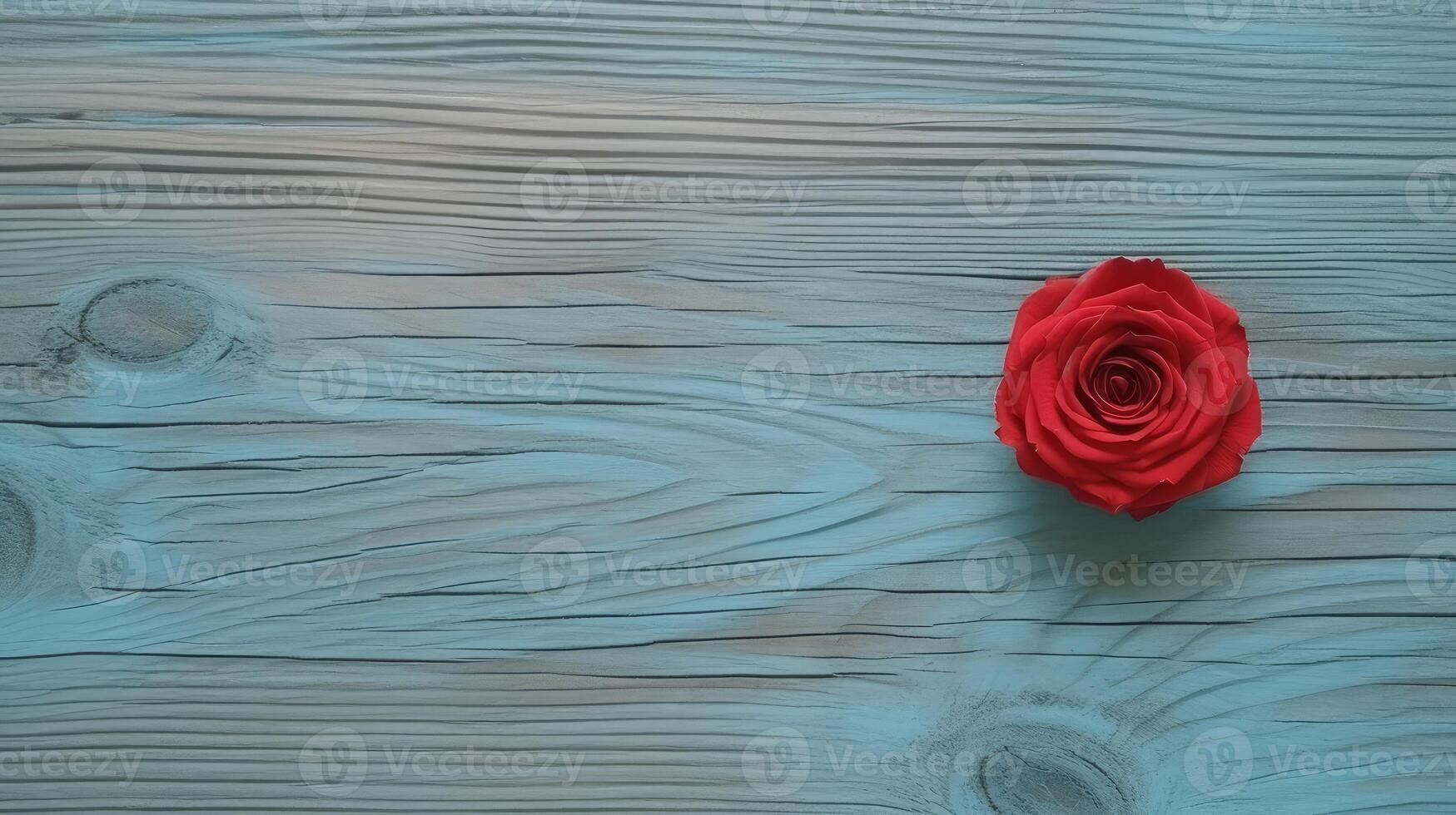 superiore Visualizza di bellissimo rosso rosa su pastello blu dipinto di legno tavolo, generativo ai. foto