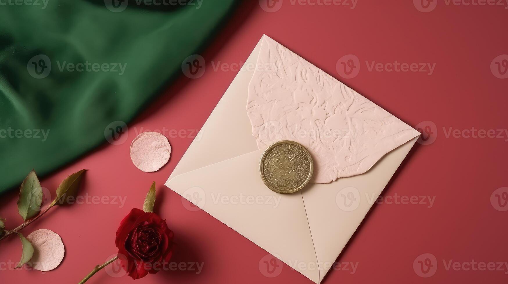 superiore Visualizza di d'oro foca invito carta con rosa fiore su verde e rosso seta sfondo e copia spazio. generativo ai illustrazione. foto