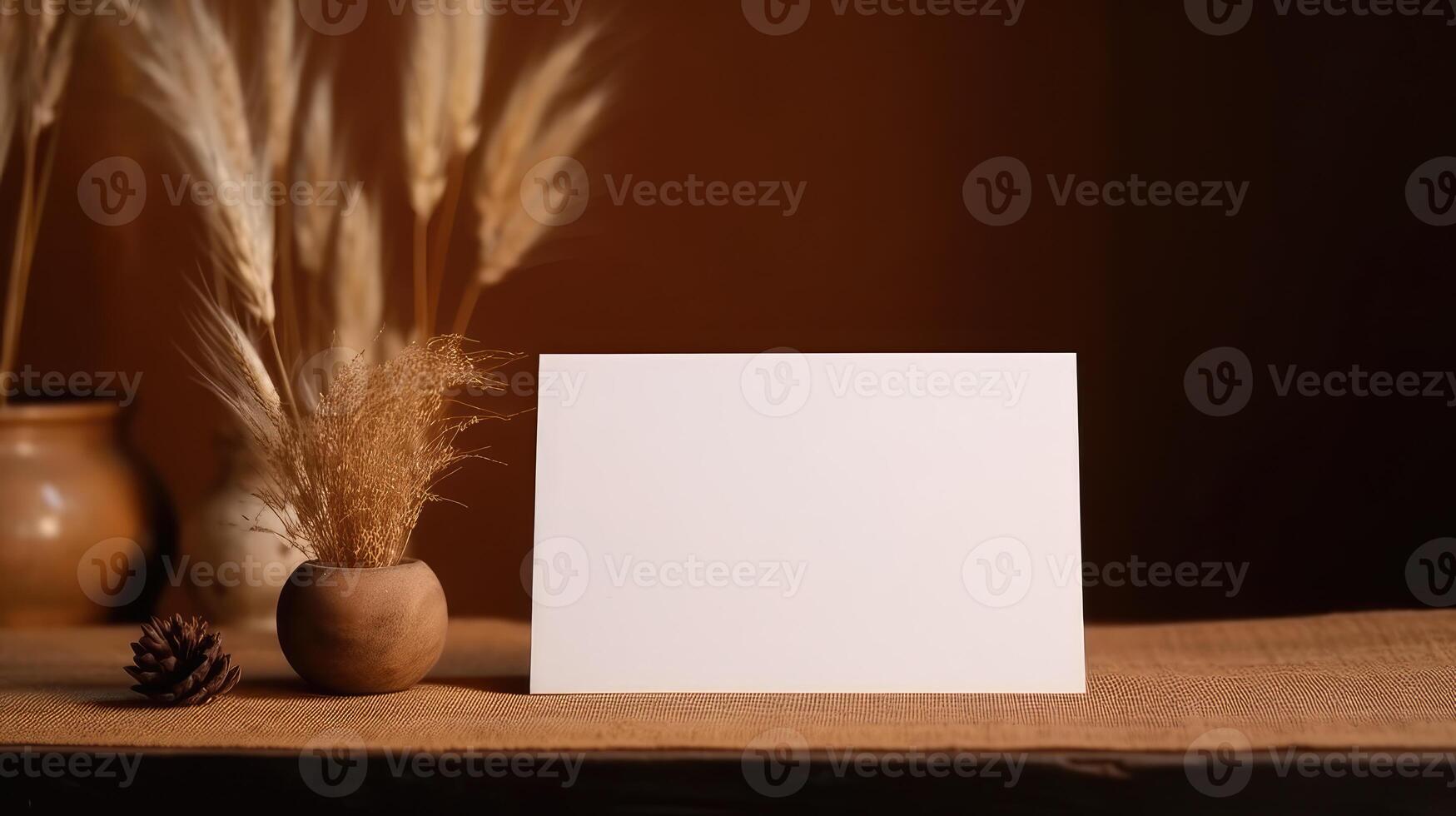 vuoto bianca invito carta modello con secco erba pentole decorazioni su Marrone sfondo. generativo ai. foto