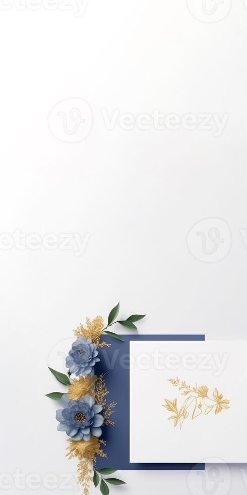 superiore Visualizza di blu e d'oro eleganza fiore delicato carta per molla, nozze carta design e spazio per il tuo Messaggio. generativo ai illustrazione. foto