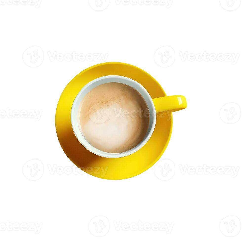 alto Visualizza di latte tè o caffè tazza con giallo piattino 3d icona foto
