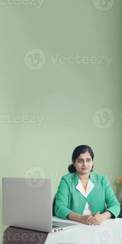 ritagliata Immagine di professionale femmina medico seduta a posto di lavoro con computer portatile, verticale bandiera design. generativo ai. foto