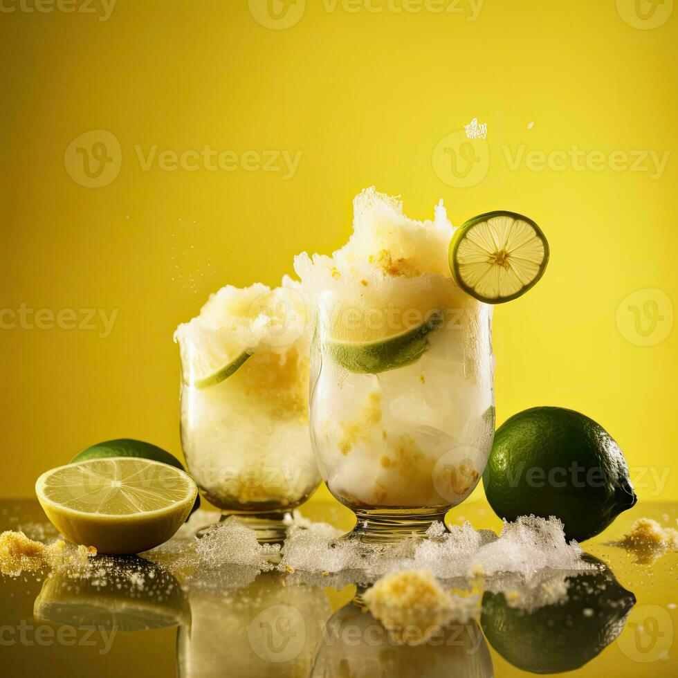 acqua spruzzi in un' bicchiere pieno con Limone e lime fette su giallo sfondo, generativo ai tecnologia. foto