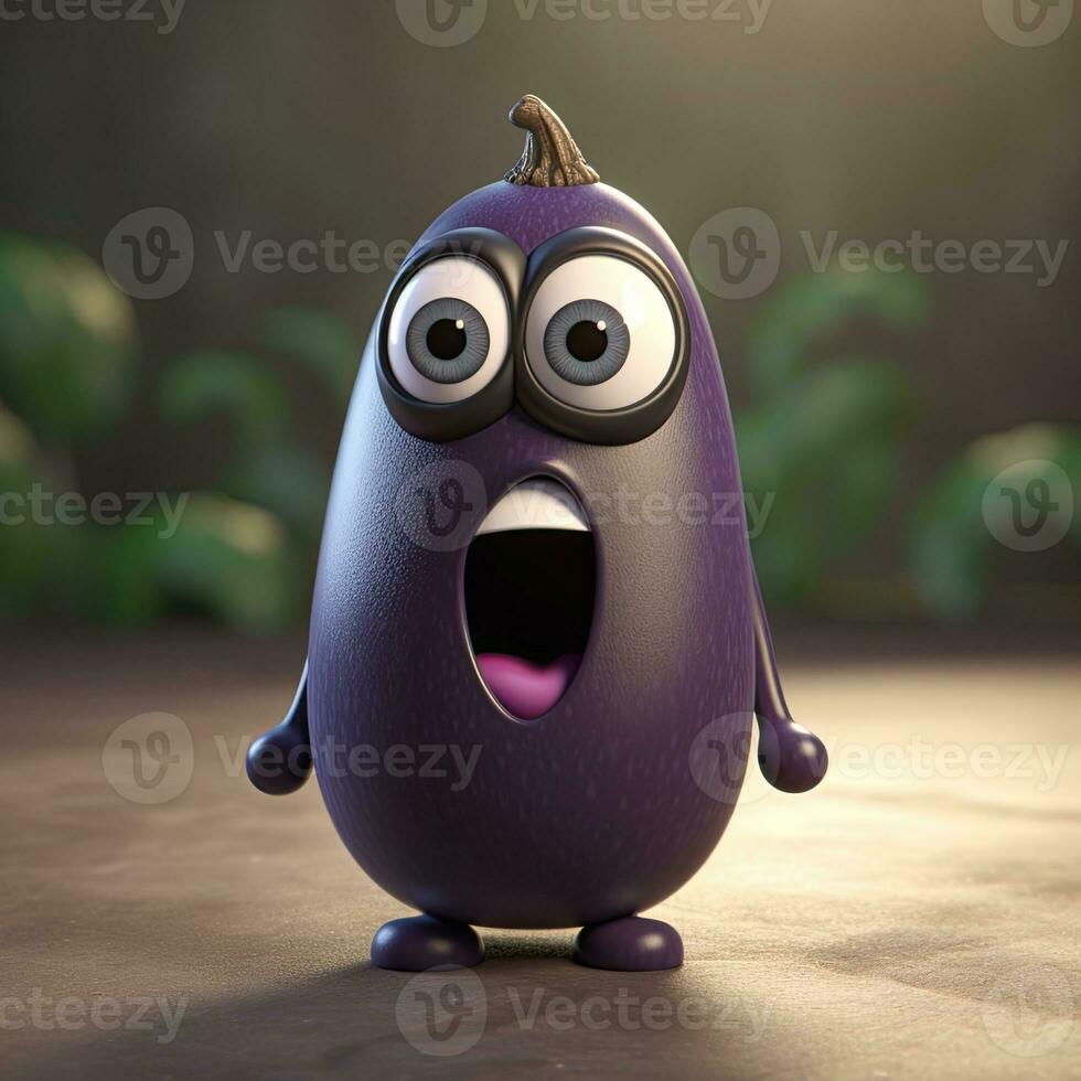 pixar stile urlando melanzana 3d personaggio su brillante natura sfondo. digitale illustrazione. foto