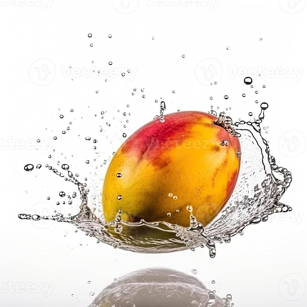 succoso fresco Mango spruzzi in acqua contro bianca sfondo, cibo levitazione. generativo ai tecnologia. foto