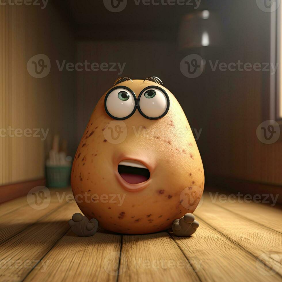 pixar stile Aperto bocca cartone animato Patata 3d personaggio a brillante Marrone camera. generativo ai. foto