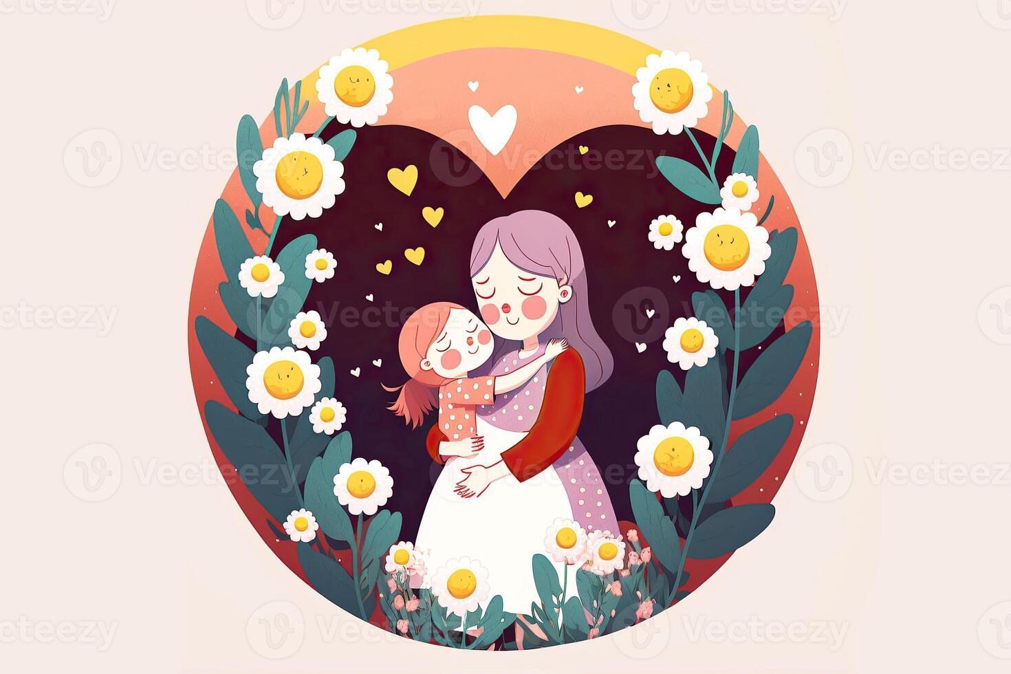 un' bellissimo Immagine di amorevole madre abbracciare sua figlia nel circolare floreale foresta telaio o sfondo. madre giorno bandiera design creato di generativo ai. foto