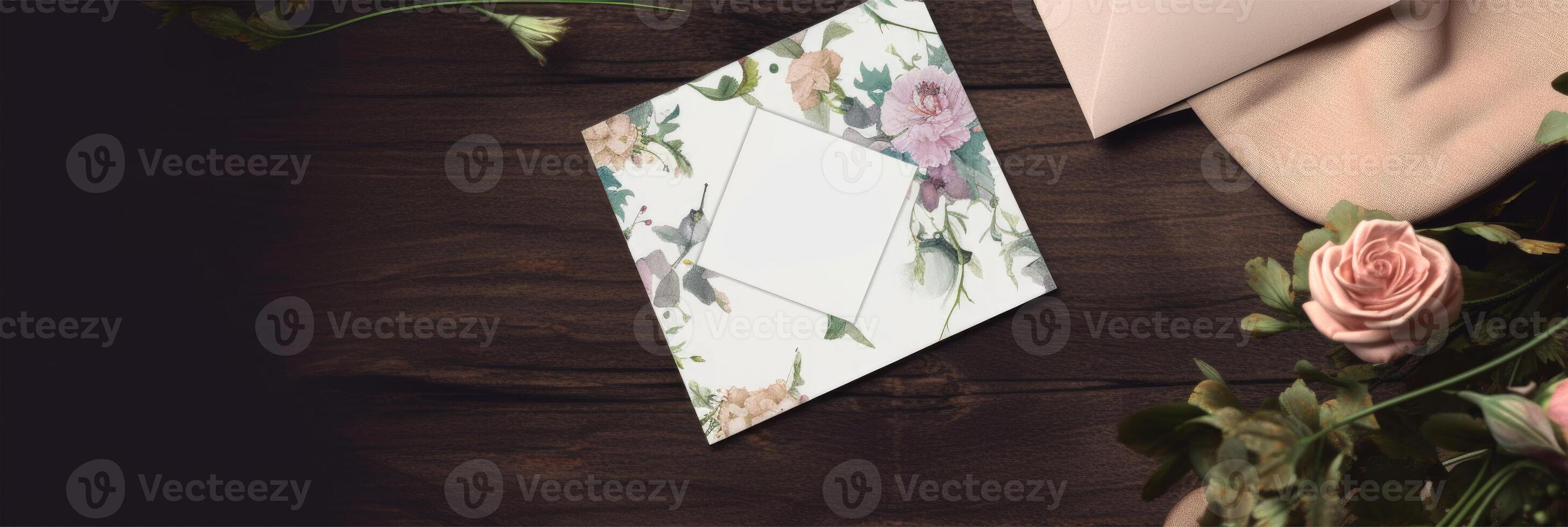 superiore Visualizza di floreale saluto carta modello, Busta e tessuto su di legno tavolo, generativo ai. foto