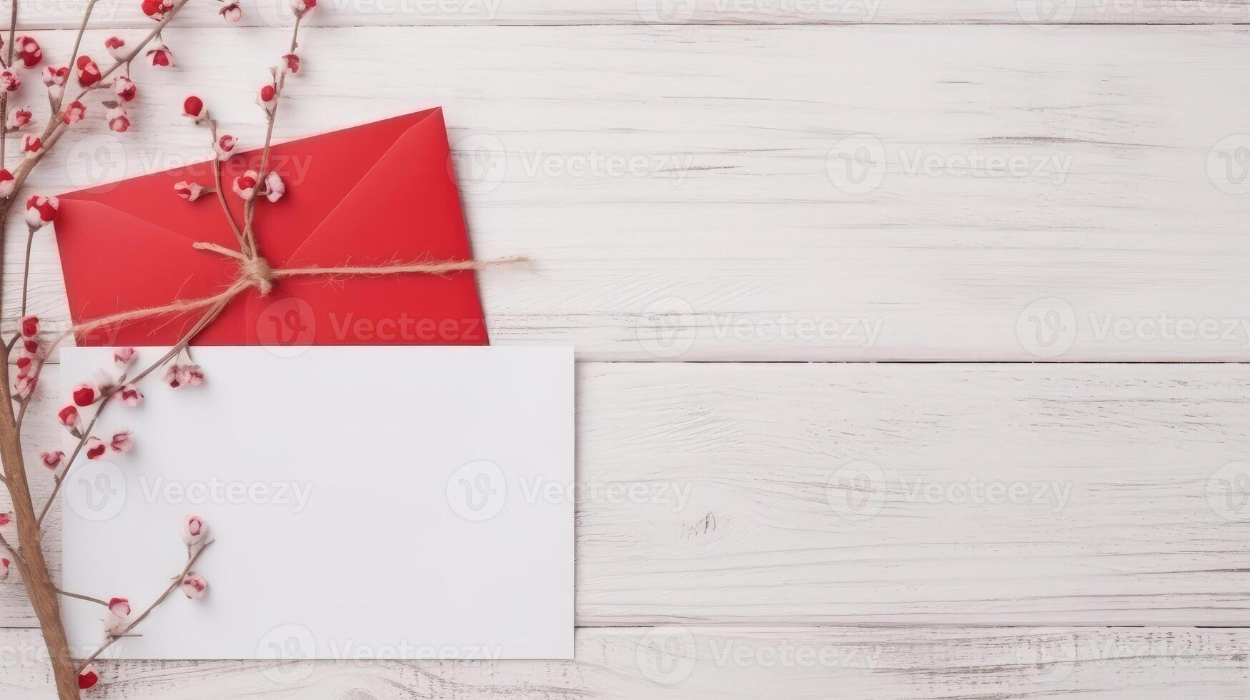 bianca vuoto carta carta, rosso Busta modello e rosso floreale ramo su di legno struttura tavolo superiore. generativo ai. foto