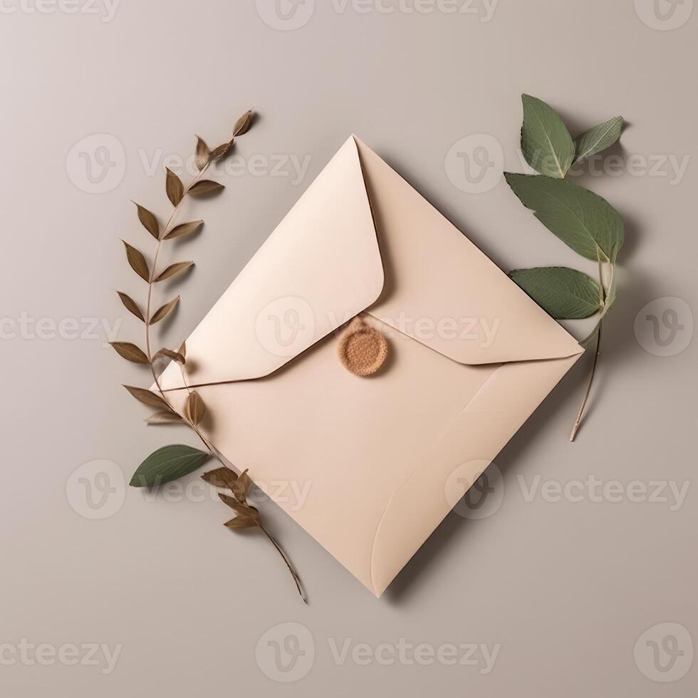 eleganza beige invito carta Busta con le foglie per evento o nozze concetto. generativo ai. foto