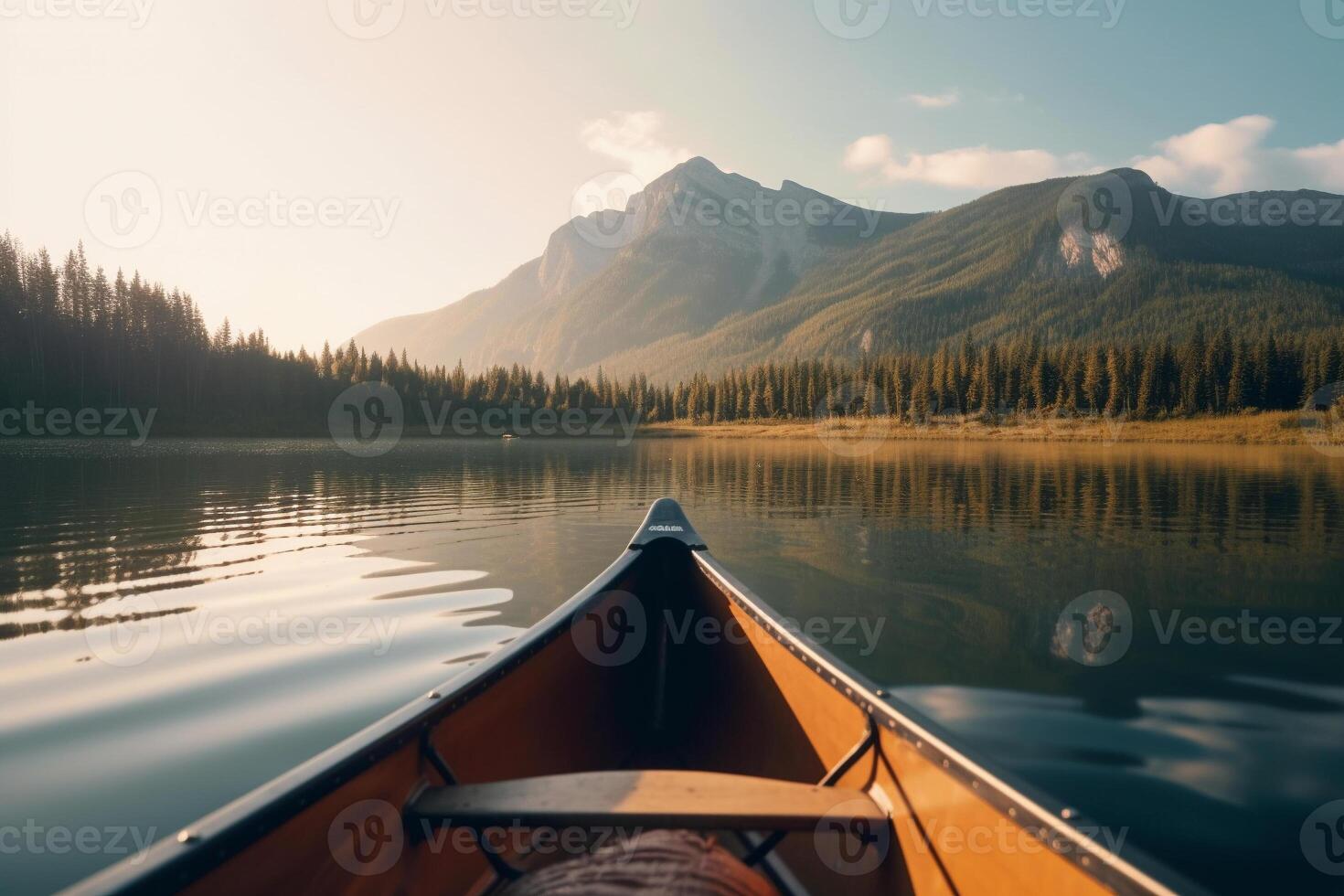 canoa galleggiante su un' sereno montagna lago circondato di alto pino alberi su un' tranquillo, calmo mattina. ai generato foto