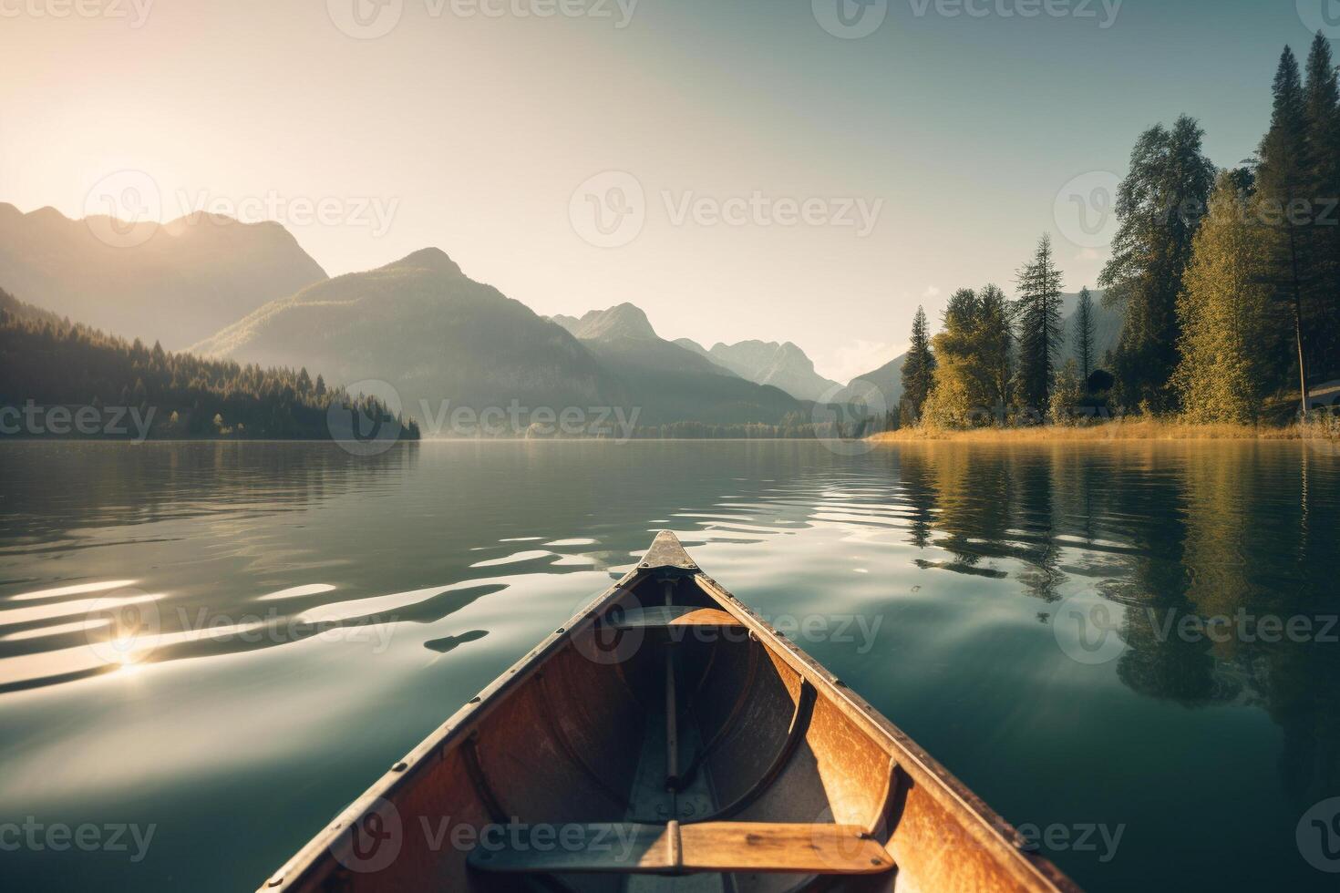 canoa galleggiante su un' sereno montagna lago circondato di alto pino alberi su un' tranquillo, calmo mattina. ai generato foto