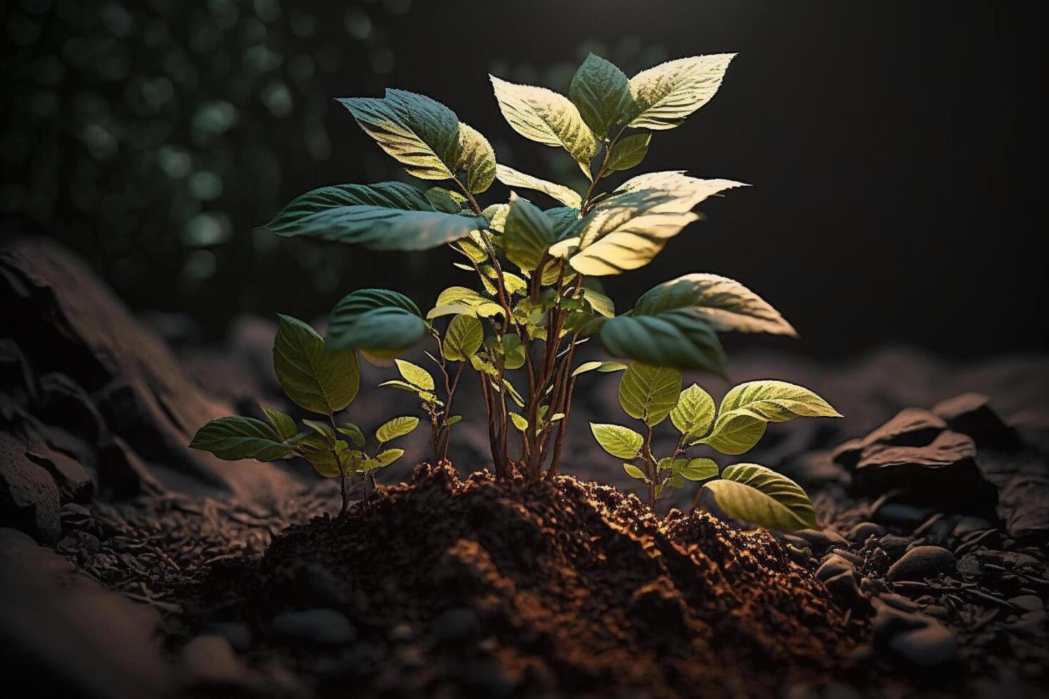 pianta in crescita nel azienda agricola terra o foresta con luce del sole a giorno. giovane pianta è in crescita. mondo terra giorno. mondo ambiente giorno. terra conservazione, ecologia o globale riscaldamento di ai generato foto