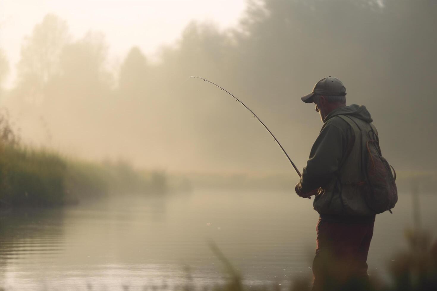 pesca a alba pescatore nel il nebbioso lago con pesca asta ai generato foto