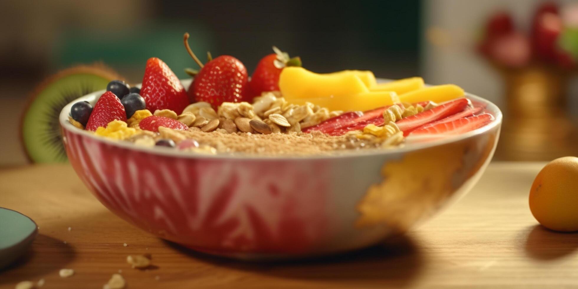 colorato frutta e muesli ciotola nel un' di legno ciotola ai generato foto