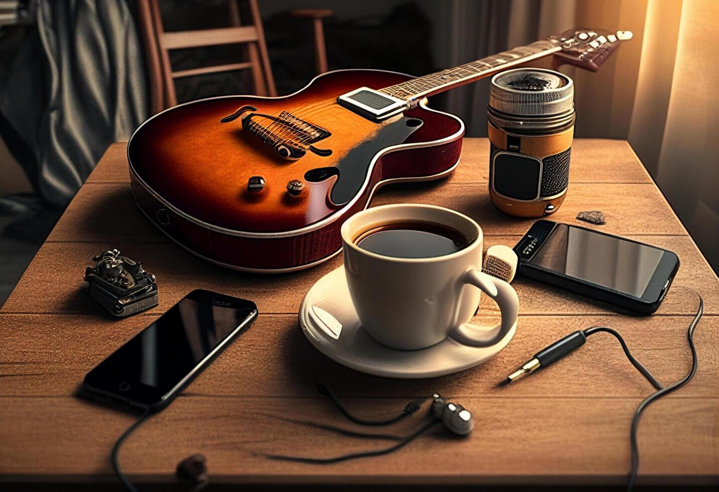 foto musica oggetti con chitarra, aggeggio e caffè su il tavolo nel classico stile. bellissimo elettrico chitarra su con cuffie e del desktop musicale creatività concetto. mondo musica giorno di ai generato