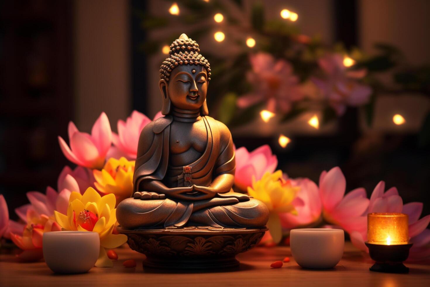 un' Budda si siede nel un' giardino con un' loto e candele. sfondo per Vesak Festival celebrazione. Vesak giorno concetto. Vesak celebrazione giorno saluti di ai generato foto