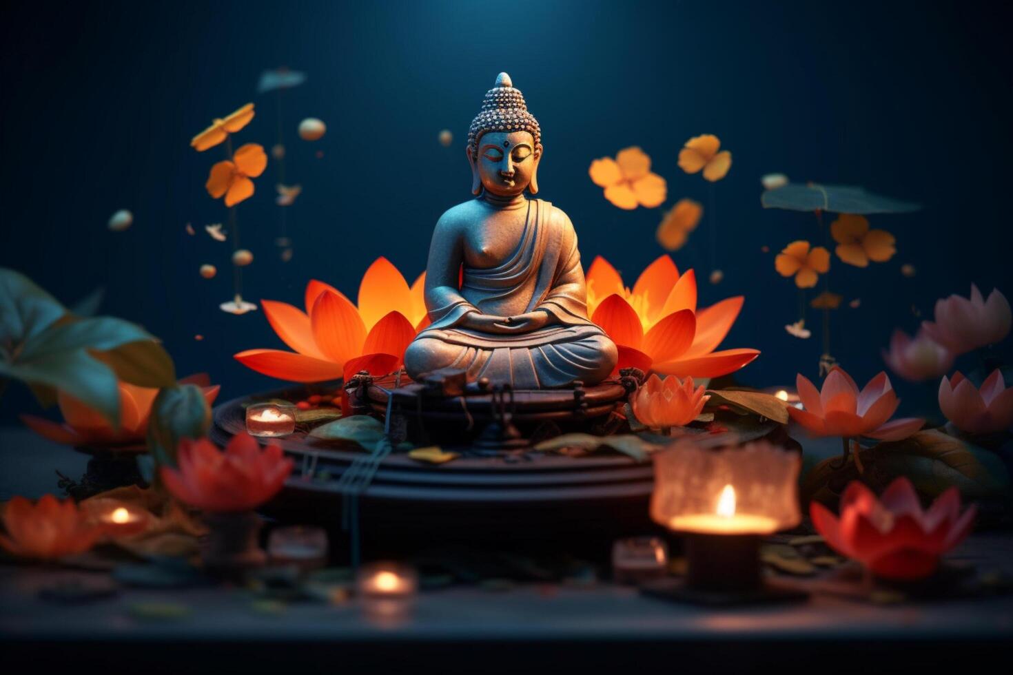 un' Budda si siede nel un' giardino con un' loto e candele. sfondo per Vesak Festival celebrazione. Vesak giorno concetto. Vesak celebrazione giorno saluti di ai generato foto