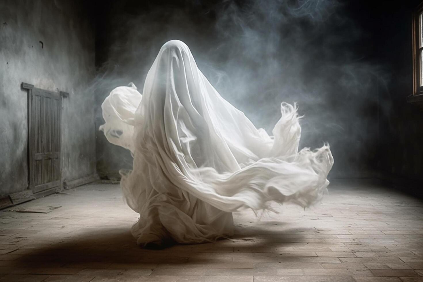 umano nel spaventoso fantasmi costume volante dentro il vecchio Casa o foresta a notte. spaventoso Halloween sfondo con fantasma. fantasma su Halloween celebrazione concetto di ai generato foto