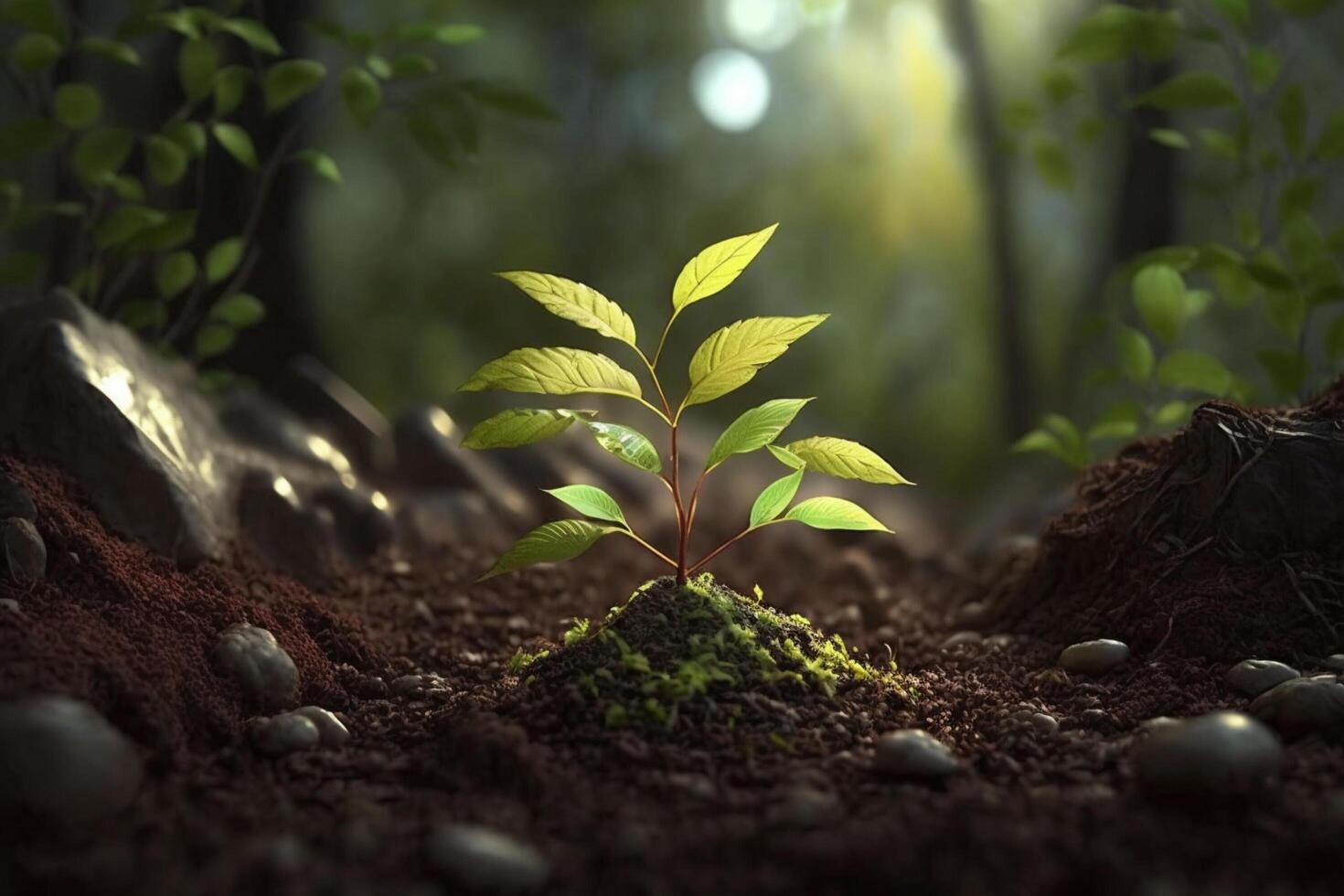 pianta in crescita nel azienda agricola terra o foresta con luce del sole a giorno. giovane pianta è in crescita. mondo terra giorno. mondo ambiente giorno. terra conservazione, ecologia o globale riscaldamento di ai generato foto