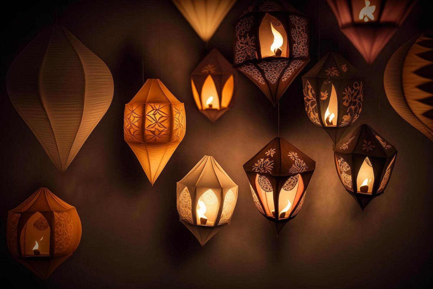 contento Diwali o Deepavali tradizionale indiano Festival con lampada o cielo lanterna. indiano indù Festival di leggero con lampada o luce. notte cielo galleggiante lanterne durante Diwali celebrazione di ai generato foto