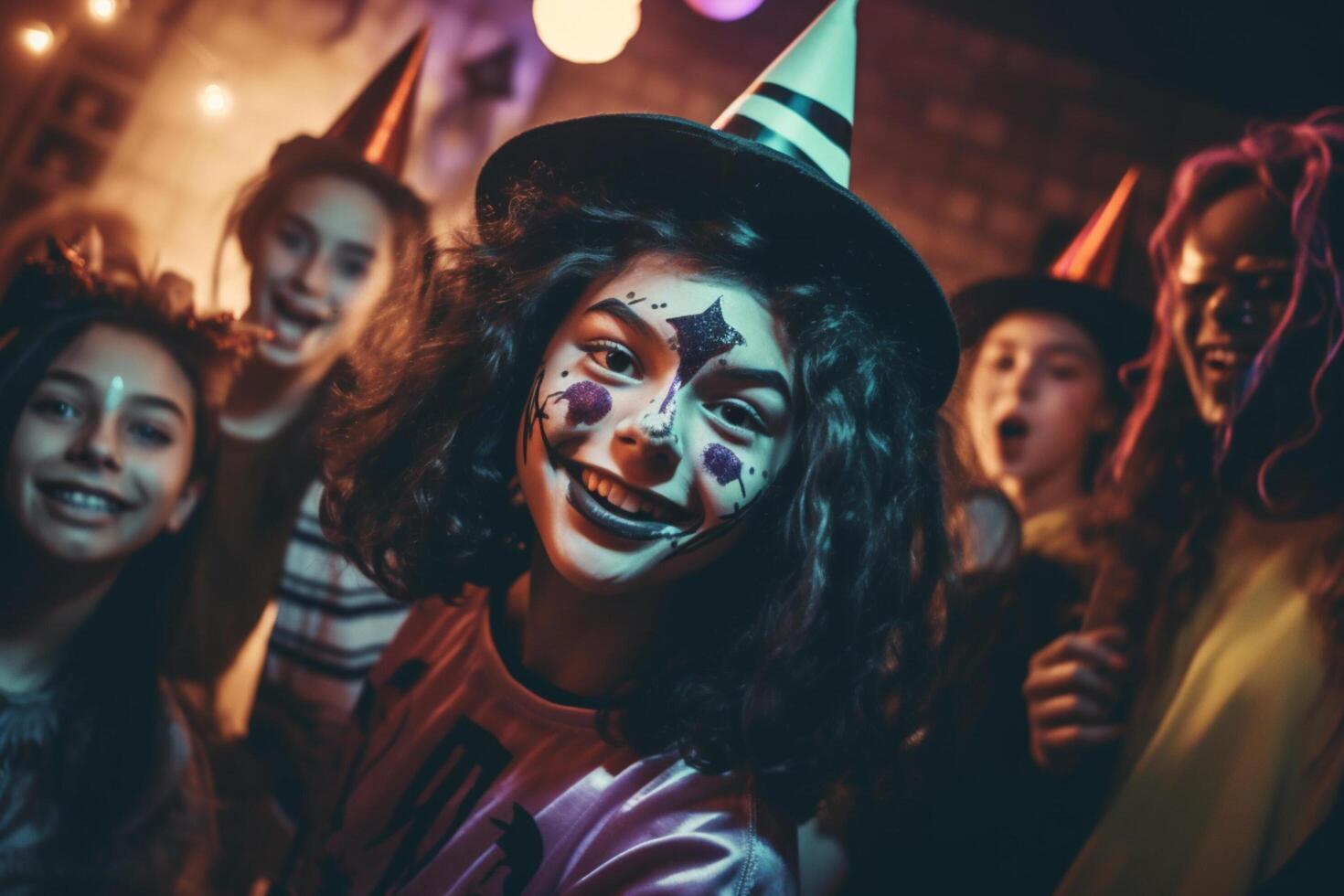 adolescenti amici nel costumi festeggiare e avendo divertimento a Halloween festa. giovane persone a costumi festa Halloween celebrazione concetto di ai generato foto