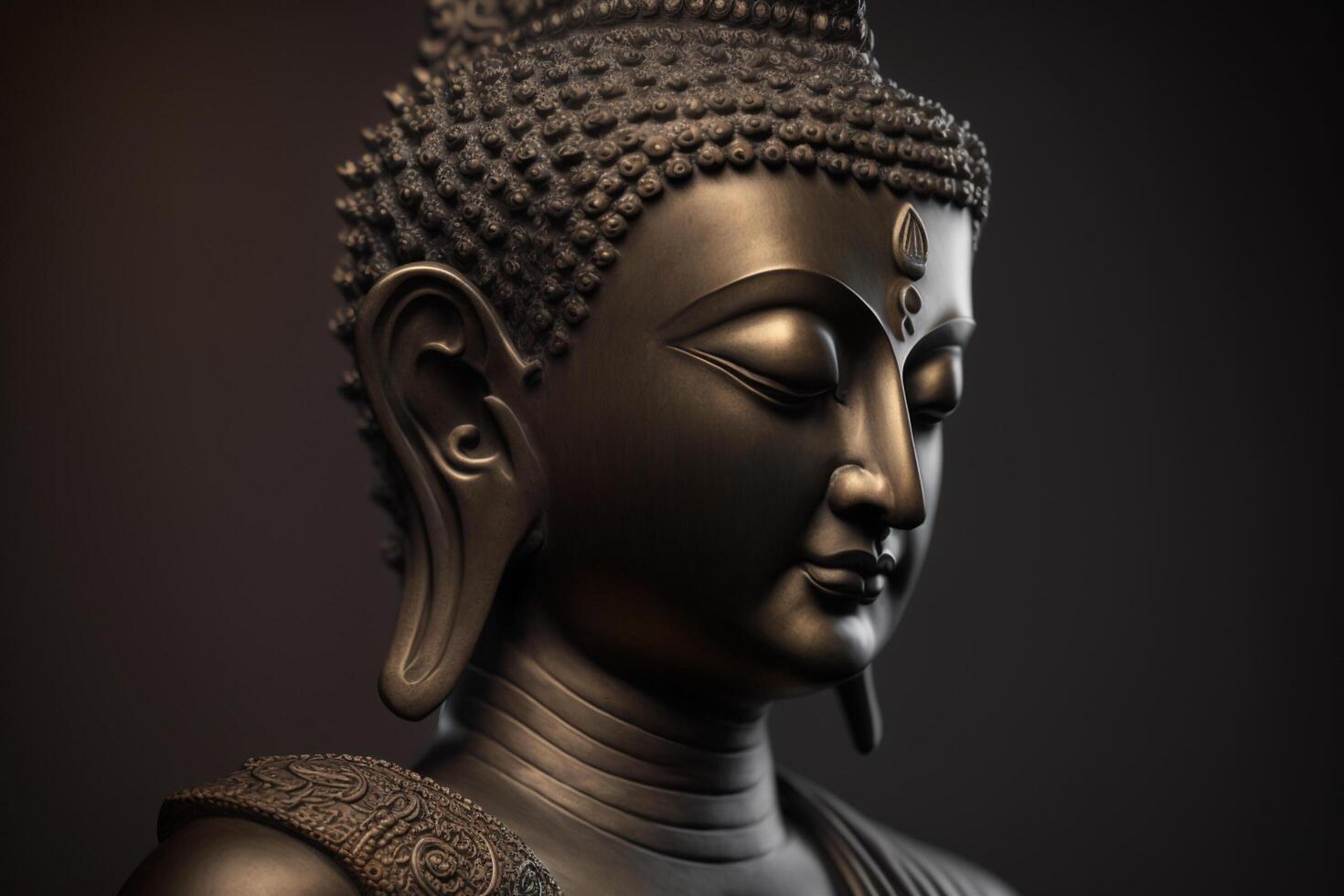 un' tailandese Budda statua si siede e Meditare a buddista tempio. antico Tailandia Budda viso. sfondo per Vesak Festival celebrazione. Vesak giorno concetto. Vesak celebrazione giorno saluti di ai generato foto