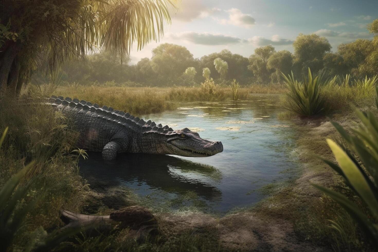 antico bestie scatenato realistico illustrazione di un' sarchosuchus roaming un' incontaminato preistorico paesaggio ai generato foto