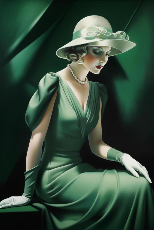 il arte deco signora nel verde un' ritratto di un' freddo bionda bellezza a partire dal il 1920 ai generato foto