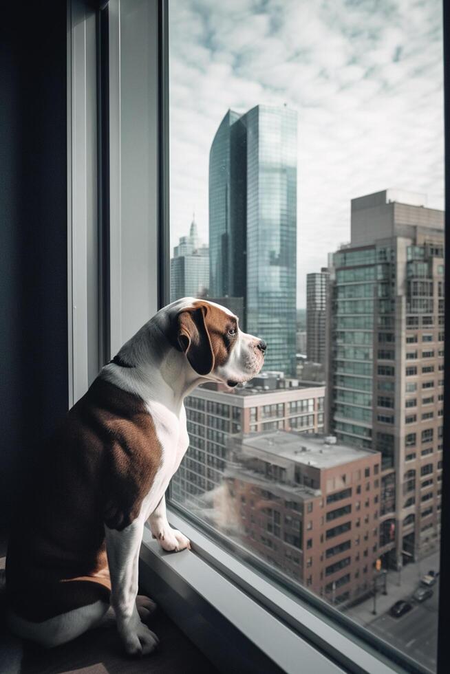 brama visualizzazioni un' cane guardando su di un' grattacielo finestra su un' vivace paesaggio urbano ai generato foto