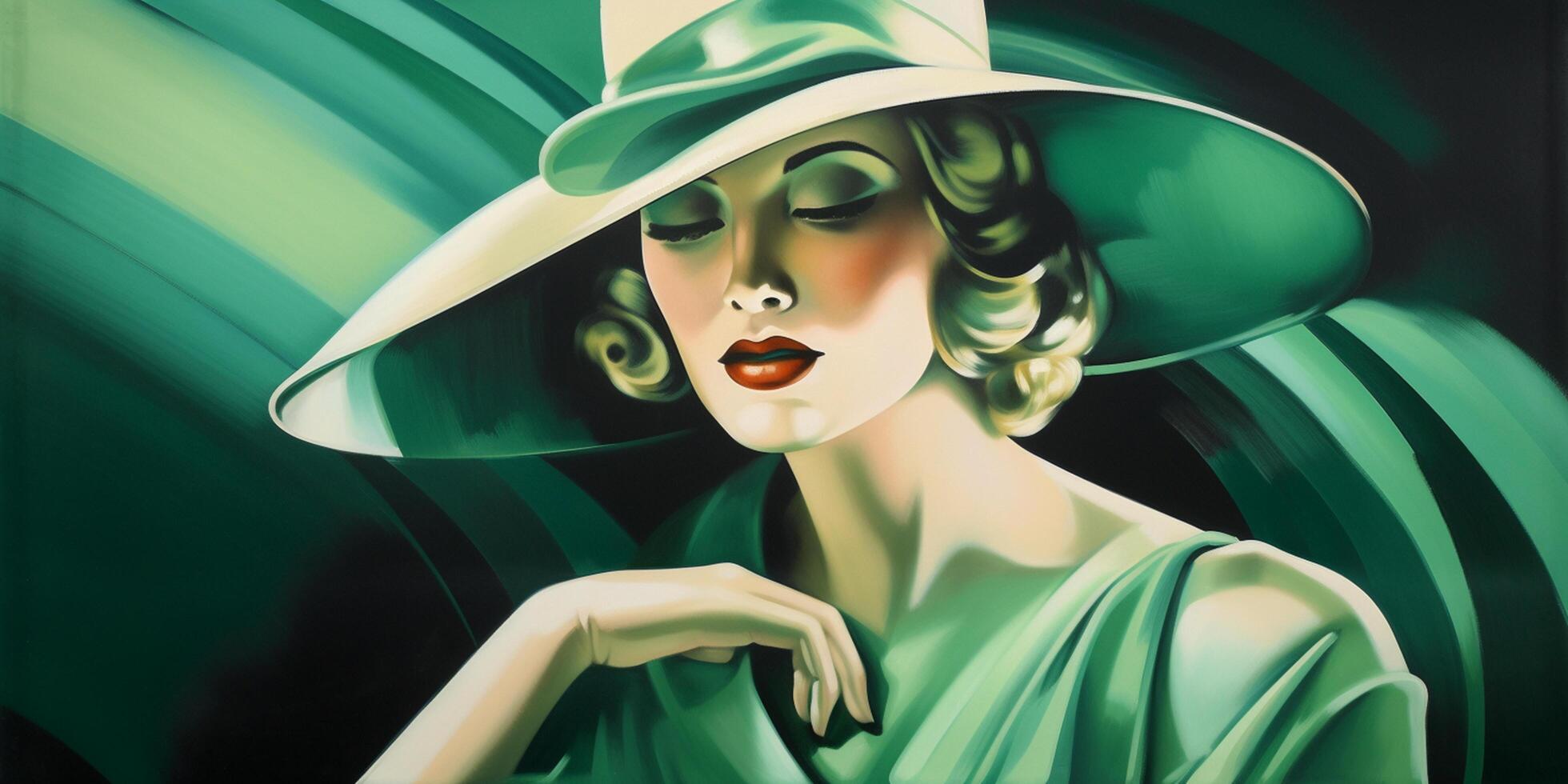 il arte deco signora nel verde un' ritratto di un' freddo bionda bellezza a partire dal il 1920 ai generato foto