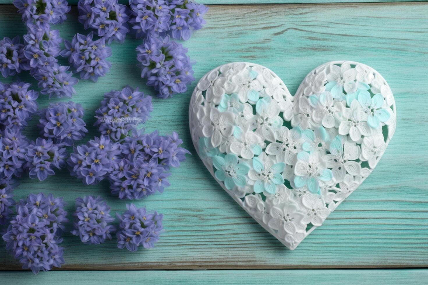 a forma di cuore blu fiori su leggero di legno sfondo ai generato foto