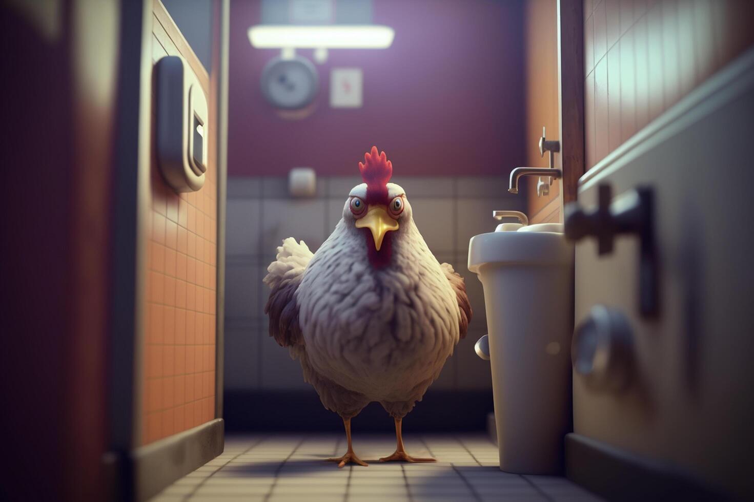 furioso pollo nel pubblico toilette ai generato foto