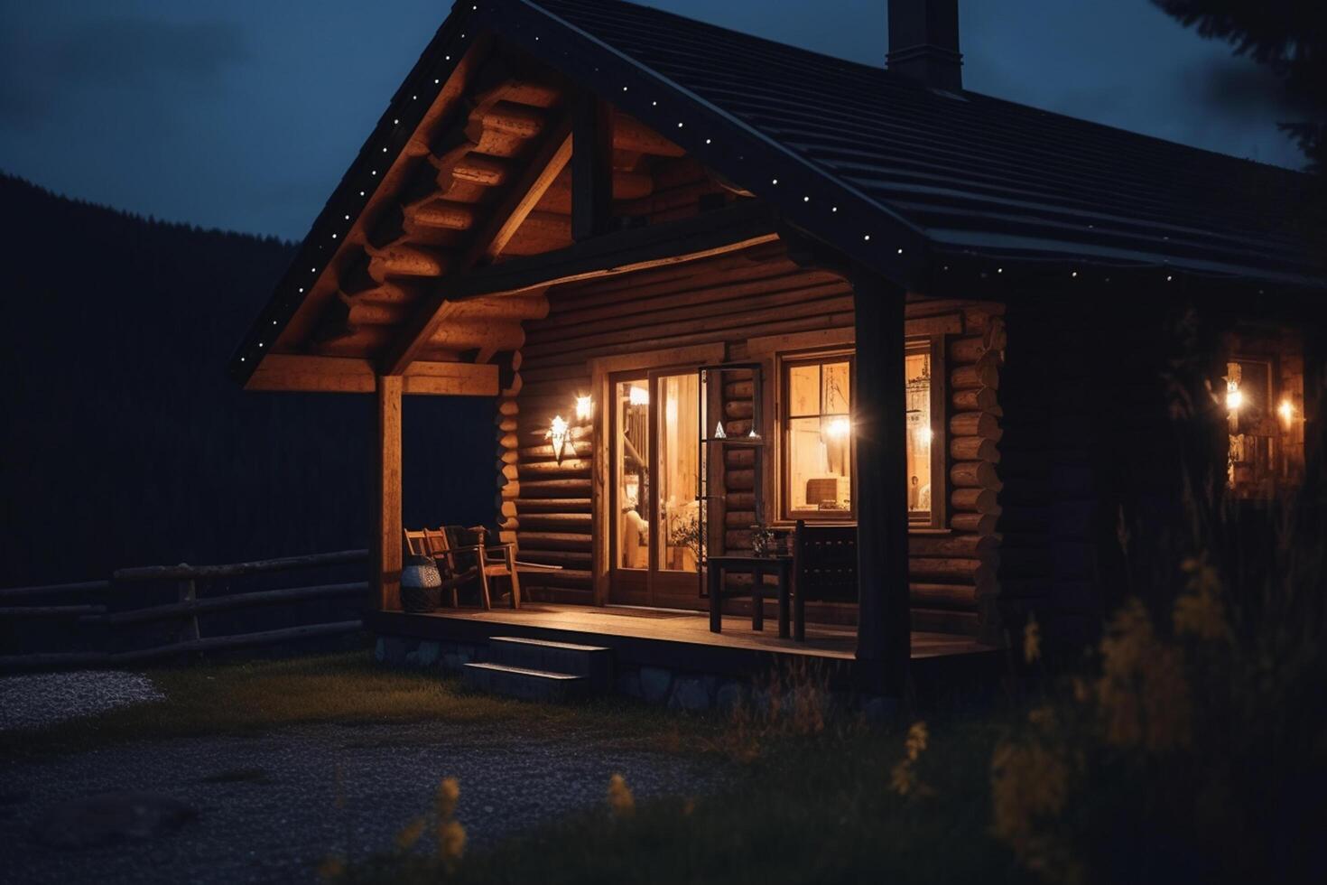 incantevole ore notturne Visualizza di un' accogliente di legno cabina nel il montagne ai generato foto