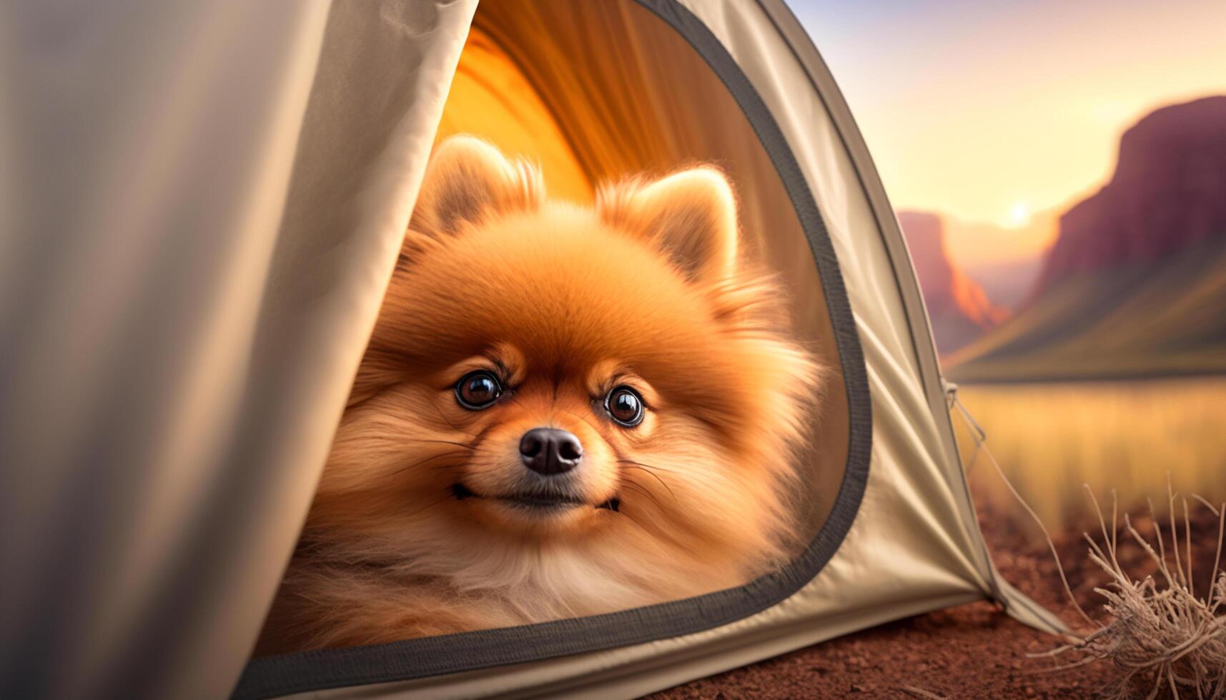 campeggio compagno volpino cucciolo sbirciando su di tenda ai generato foto