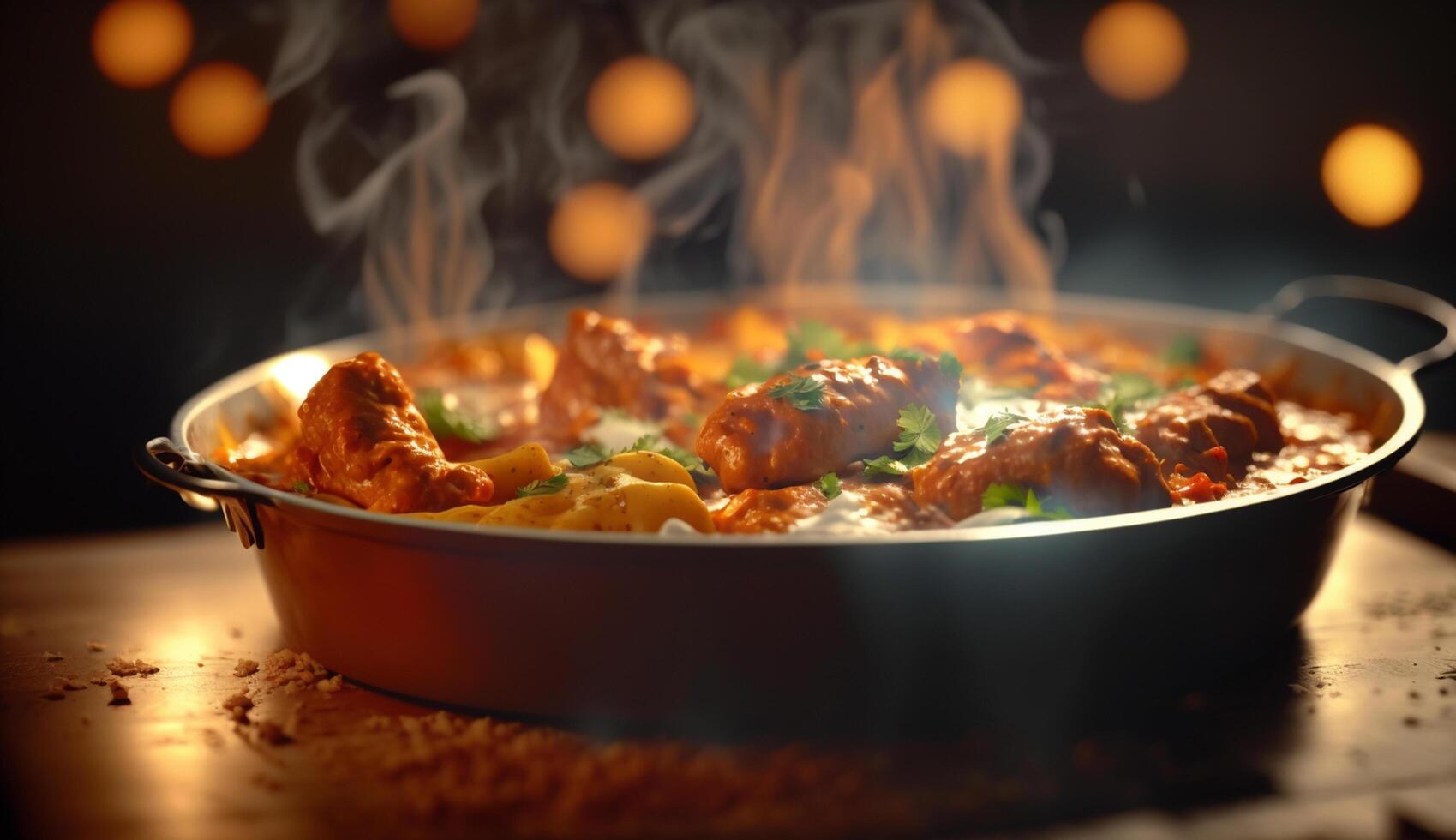 piccante pollo tikka masala - un' classico indiano piatto cottura a vapore contro un' buio fondale ai generato foto