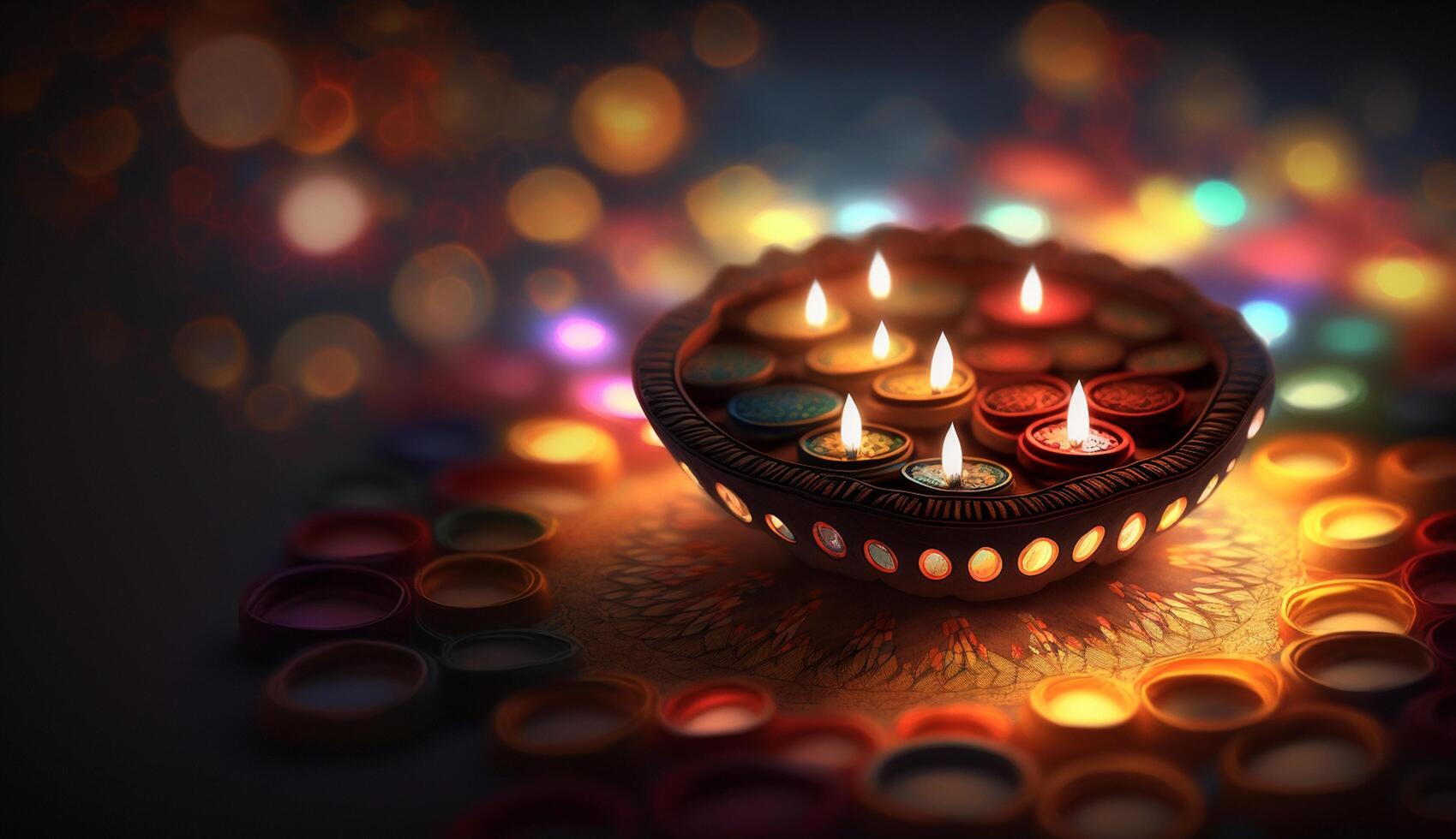 vivace festivo decorazioni con colorato candele per indiano Diwali celebrazioni ai generato foto