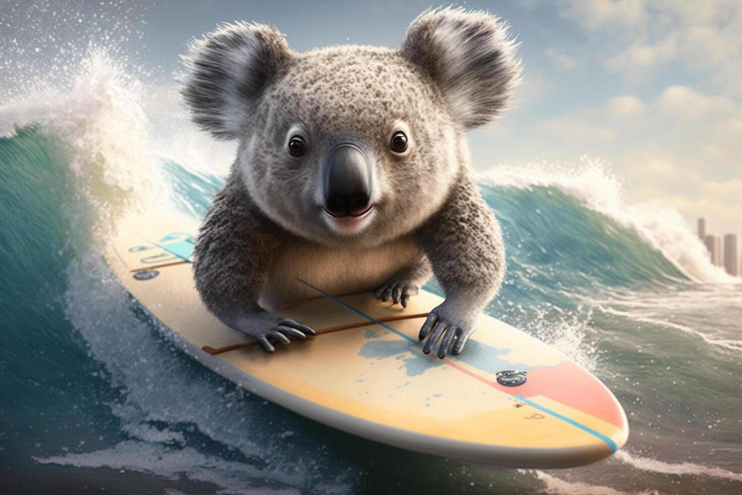 koala è avendo divertimento su un' tavola da surf e fare surf un' onda ai generato soddisfare foto