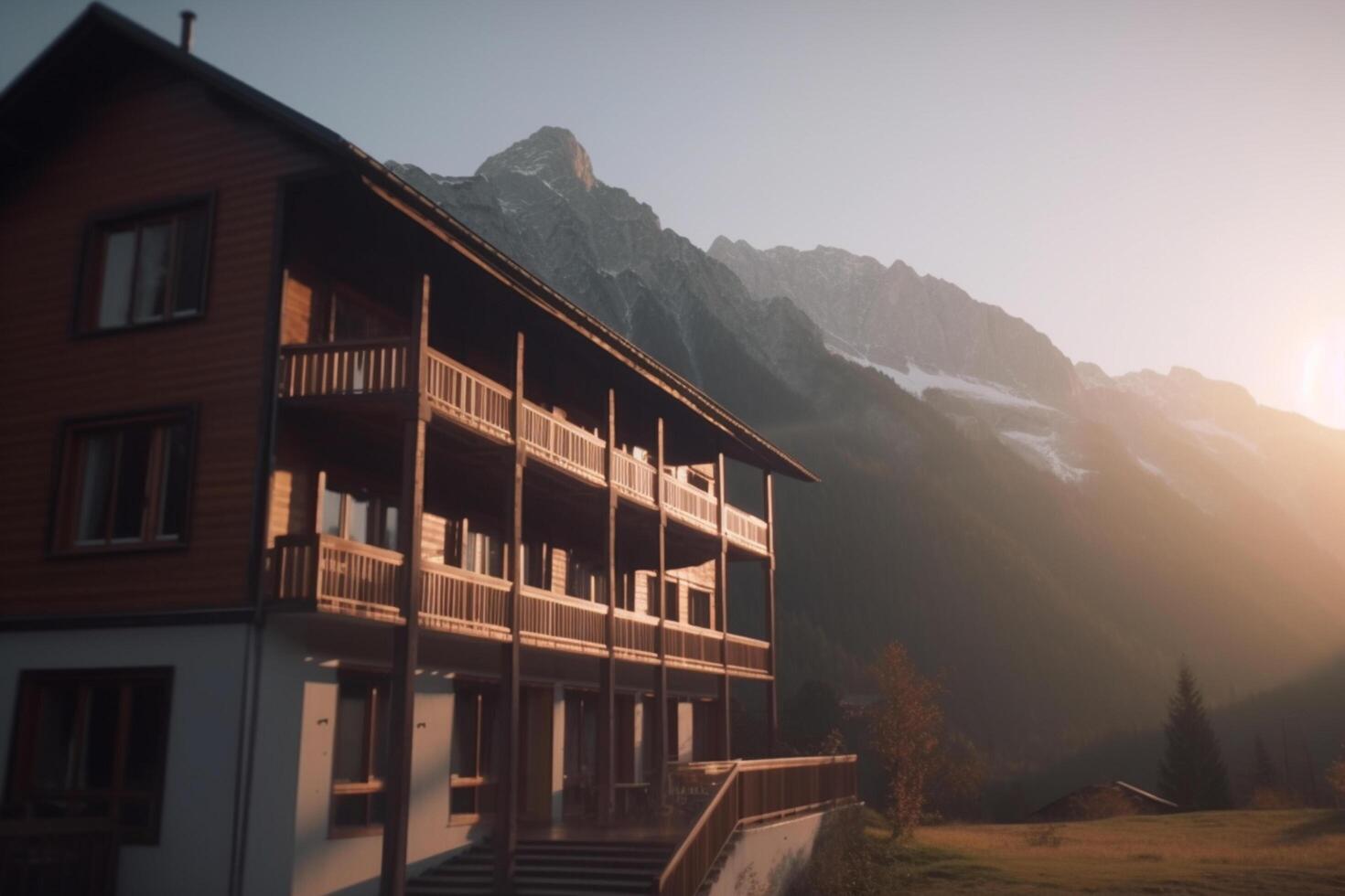 panoramico Visualizza di un' ostello nel il montagne circondato di lussureggiante verde paesaggio ai generato foto