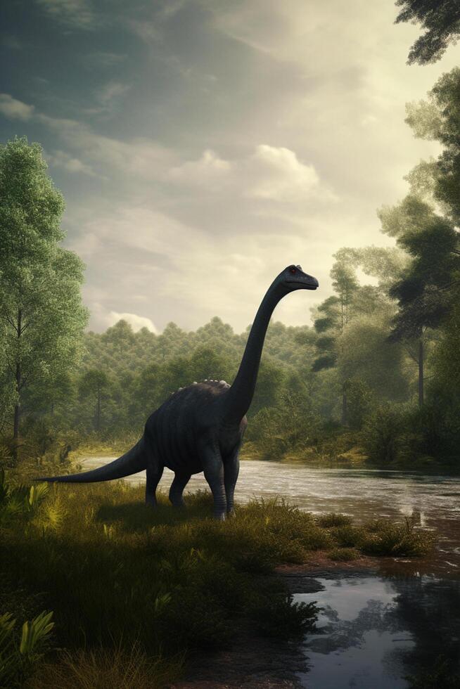 grazioso giganti roaming il preistorico regno realistico illustrazione in mostra il diplodocus nel un' sereno preistorico paesaggio ai generato foto