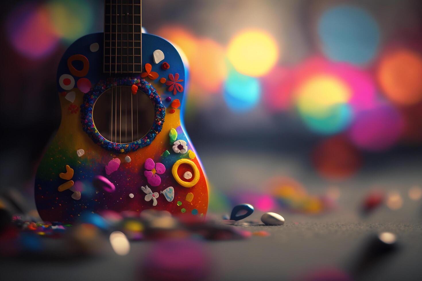 hippie - colorato chitarra - espressive musica strumento per creativo anime ai generato foto