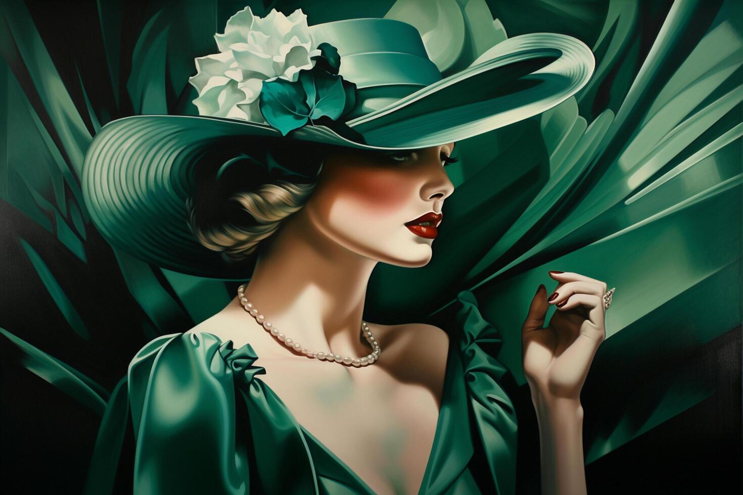 il arte deco signora nel verde un' ritratto di un' freddo bionda bellezza a partire dal il 1920 ai generato foto