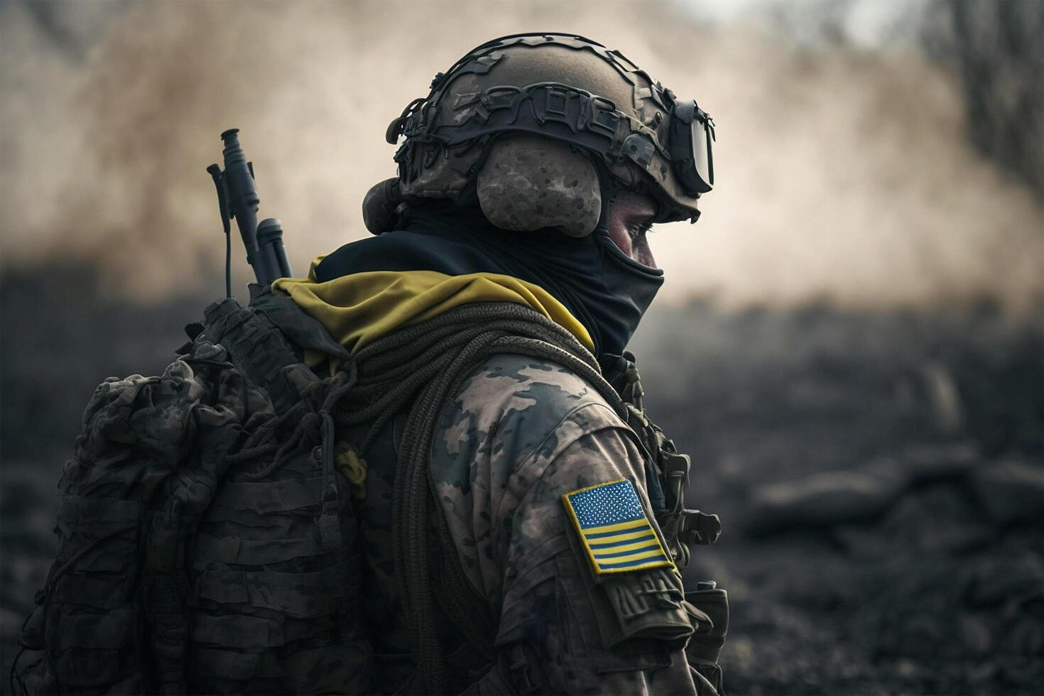 Ucraina soldato nel uniforme a partire dal dietro a nel zona di guerra ai generato foto
