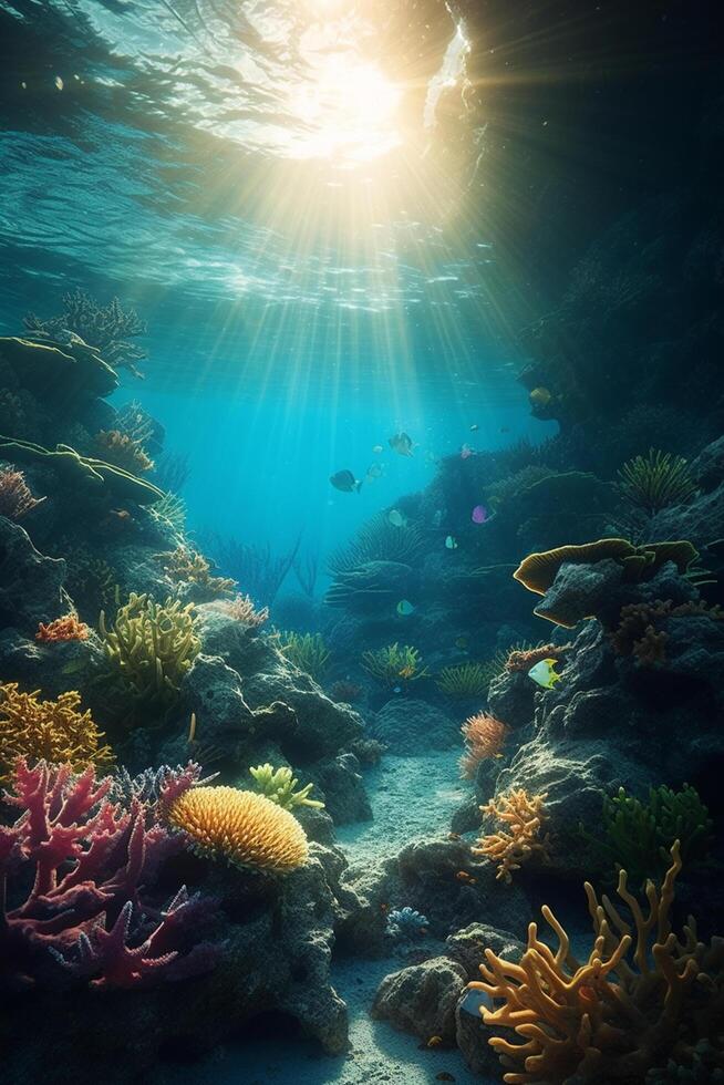 colorato corallo scogliera con pesce nel chiaro blu acqua, subacqueo fotografia ai generato foto