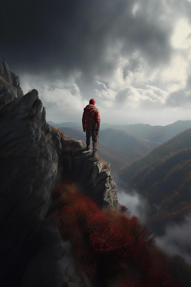 scalata il maestoso altezza un' quello dello scalatore avventura in mezzo torreggiante nuvole e montagne ai generato foto