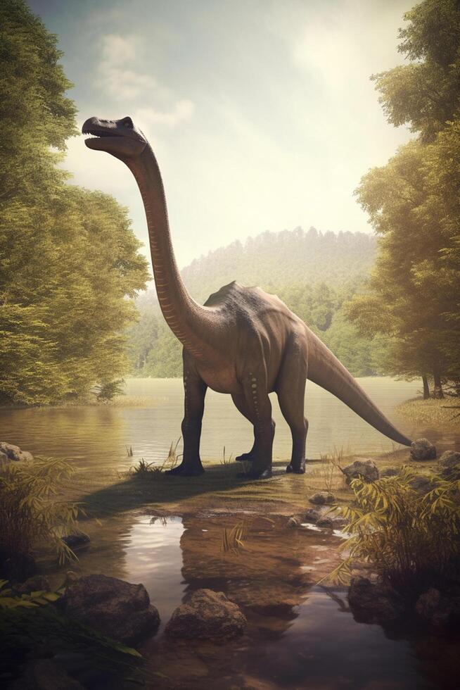 scorci di il passato realistico illustrazione di un' plateosauro roaming un' incontaminato preistorico paesaggio ai generato foto