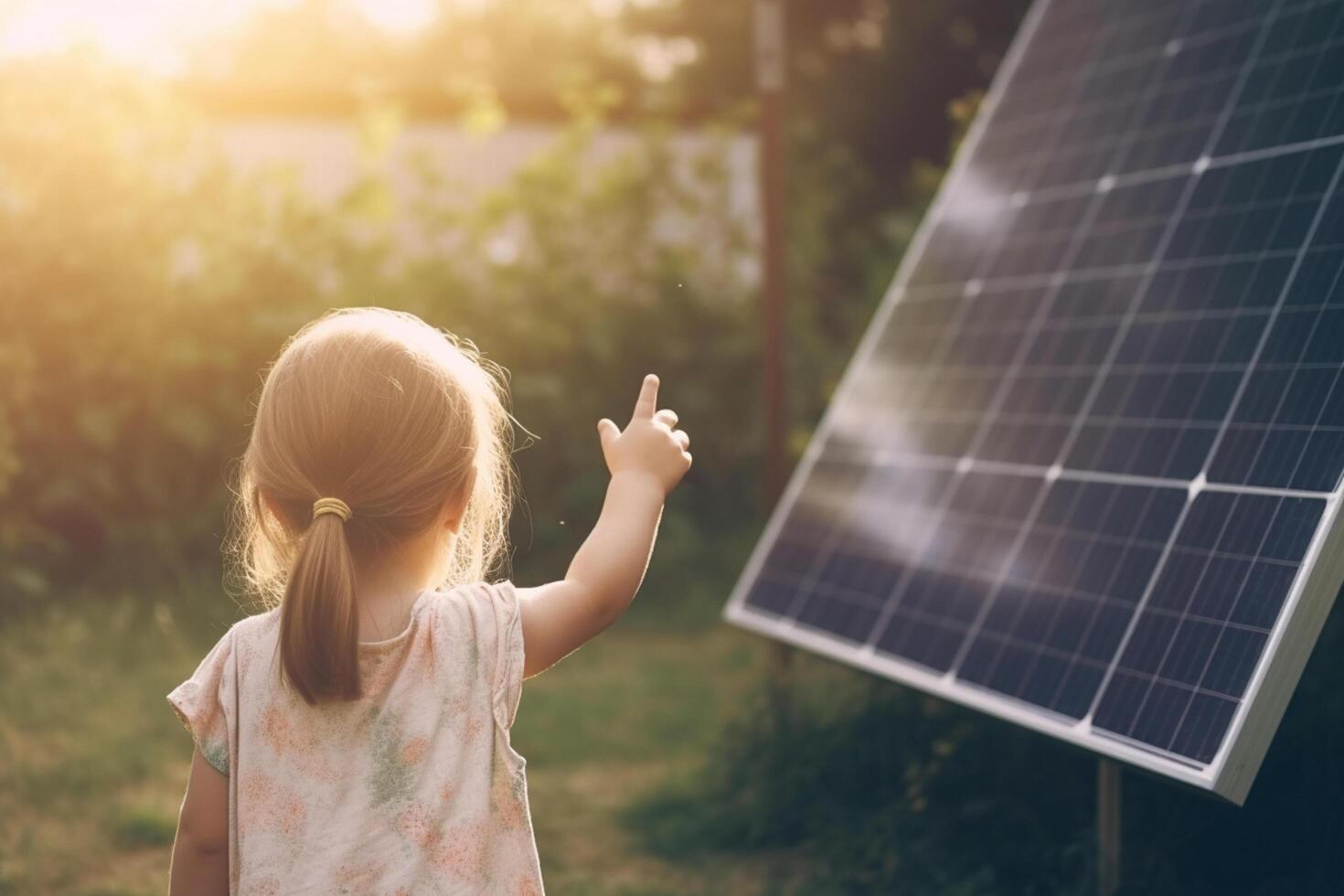 poco bambino in piedi di solare pannello con verde bokeh sfondo e sole raggi ai generato foto