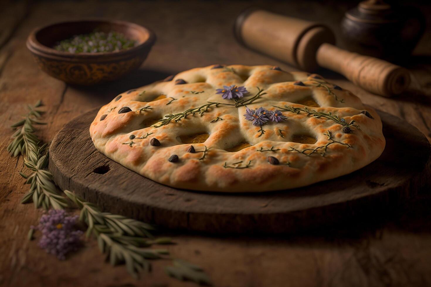 un' fetta di provence aromatico fougasse pane con oliva olio e erbe aromatiche ai generato foto