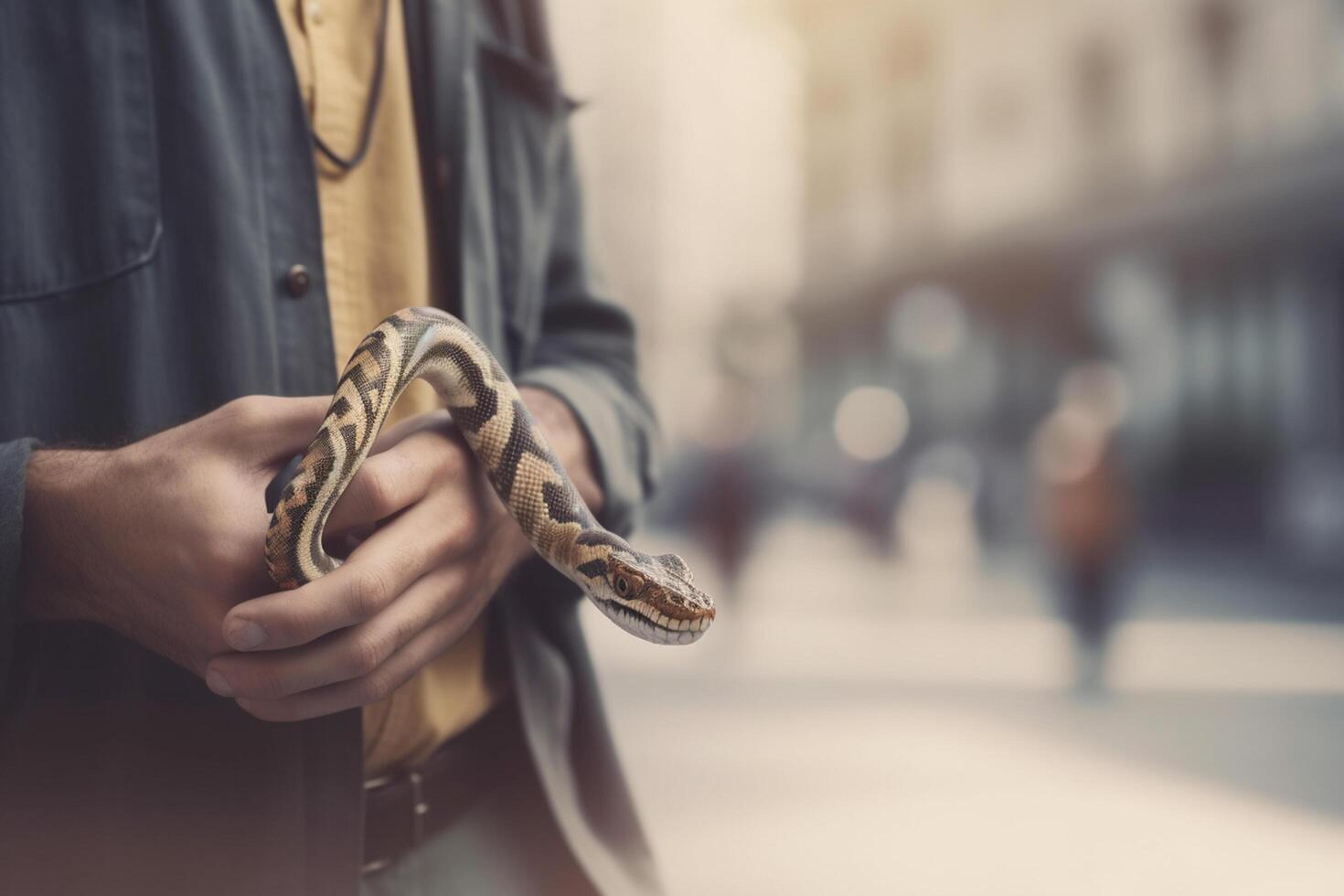 il urbano serpente un' giovane uomo e il suo animale domestico serpente passeggiando attraverso il città ai generato foto
