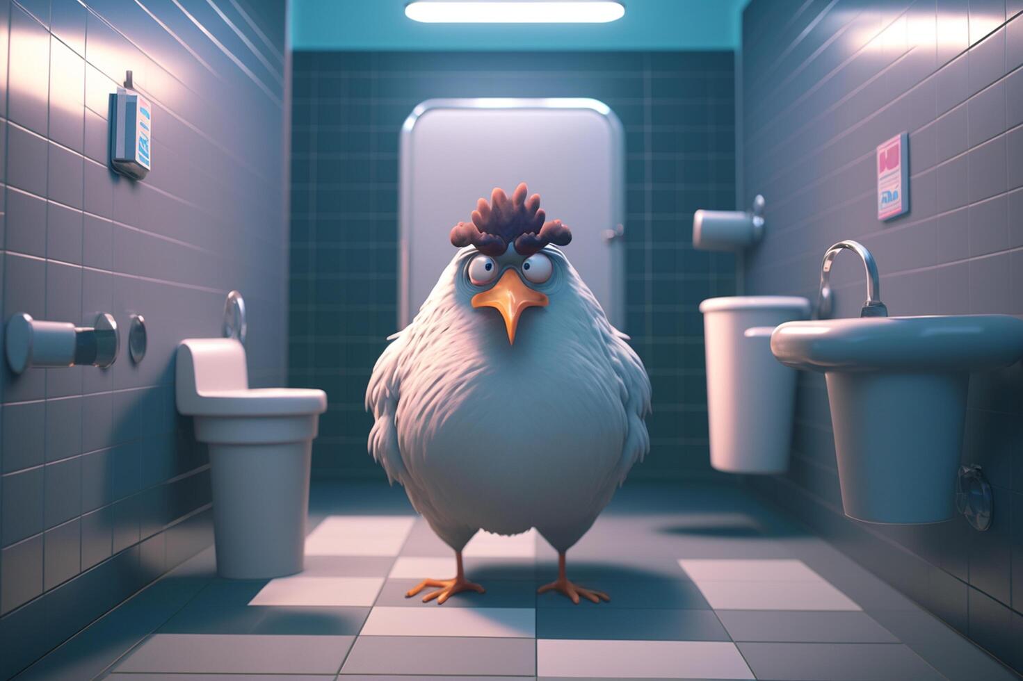 furioso pollo nel pubblico toilette ai generato foto